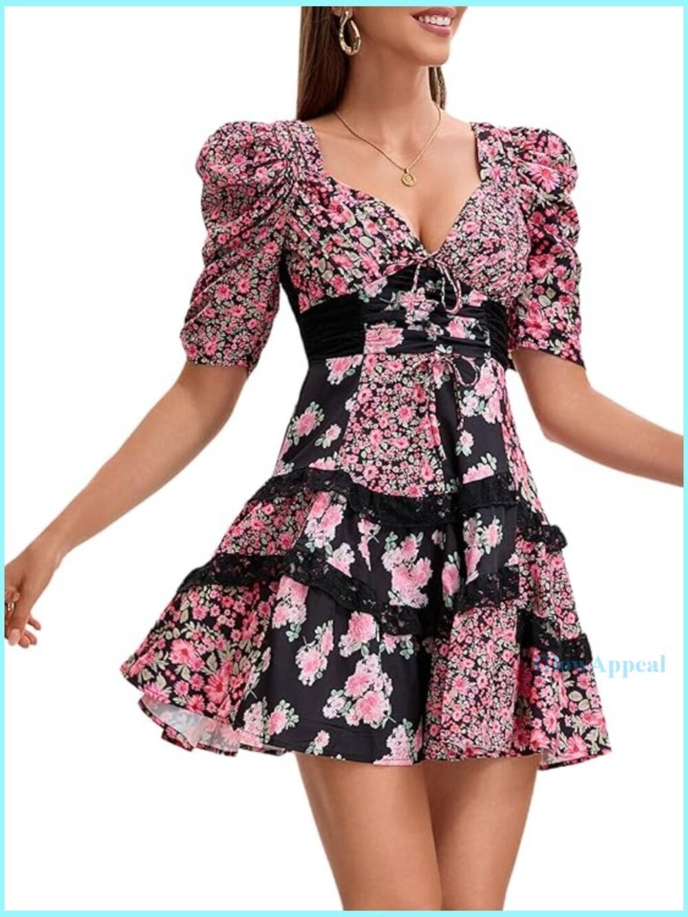 Patchwork Floral Mini Dress with Puff Sleeves and V-Neck
